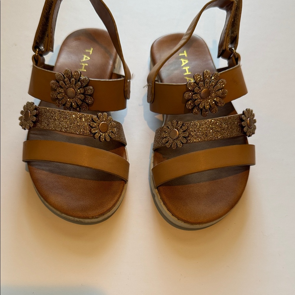 Tahari Tan Toddler Sandals with Floral Embellishments